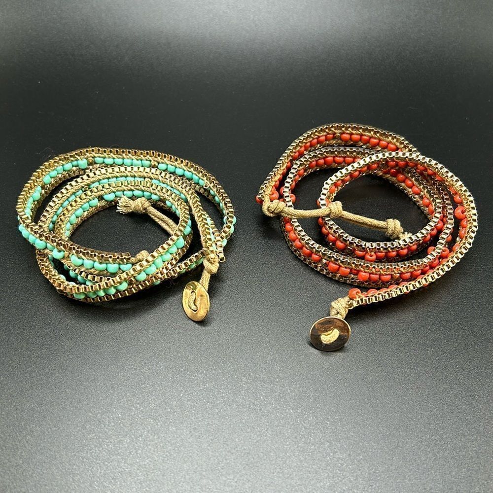 Set of Two Leather Wrap Beaded Bracelets Gold Tone Turquoise & Coral
